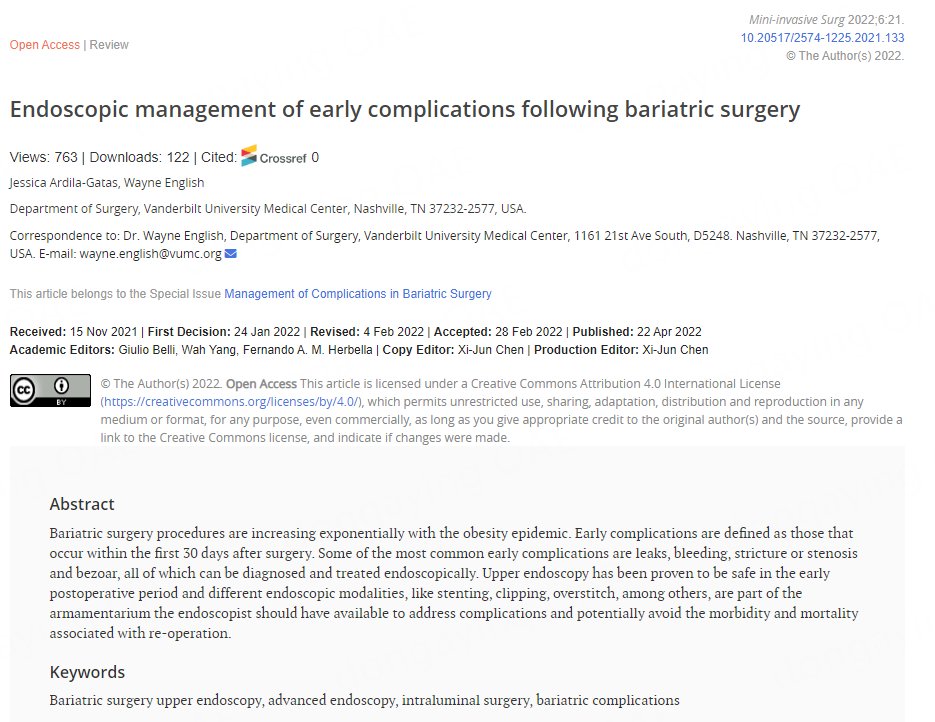 Hot article: Endoscopic management of early complications following bariatric surgery Link: misjournal.net/article/view/4… @ASMBS @JaimePonceMD @IfsoSecretariat