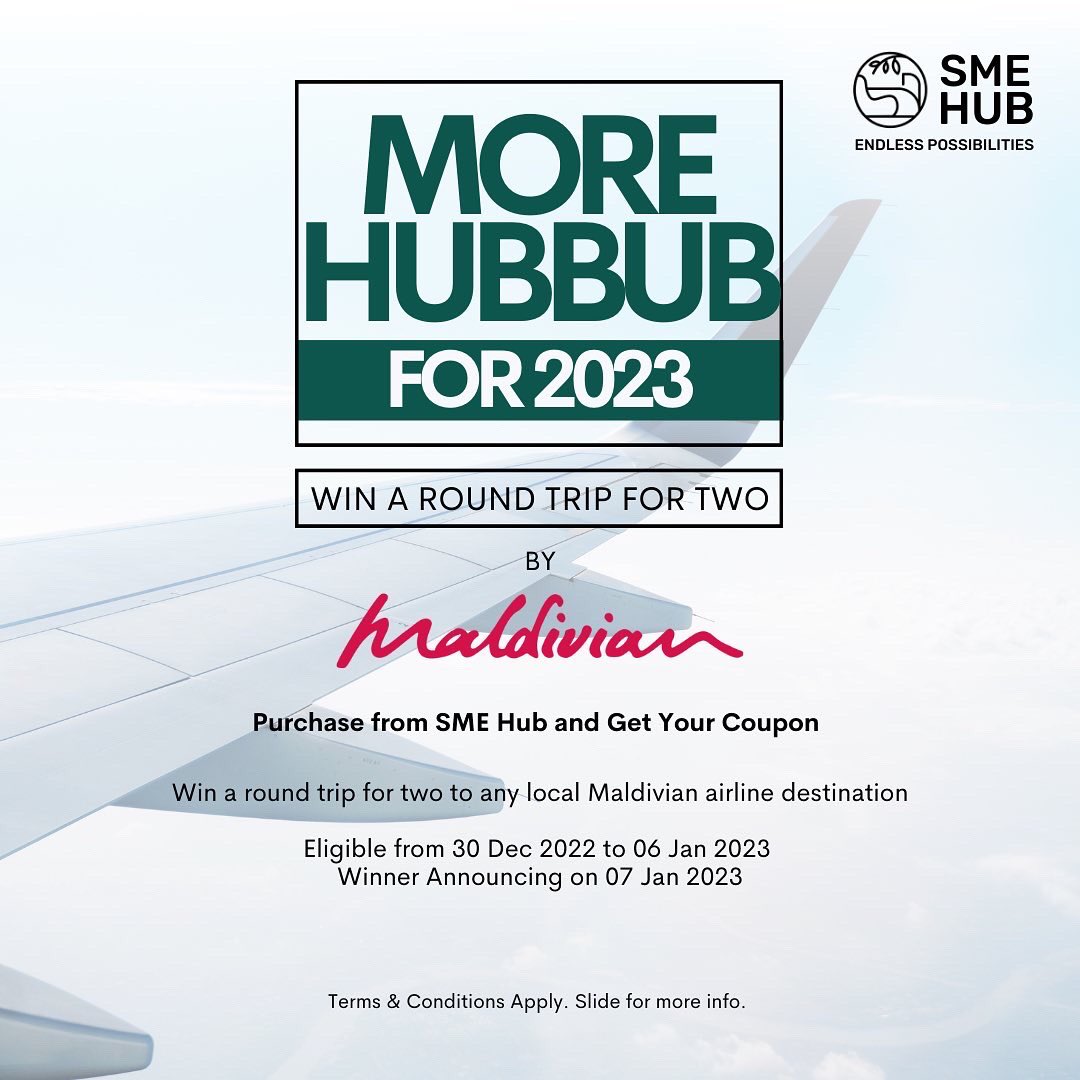 Smehub_MV's tweet photo. It’s your chance to win two return tickets by @MaldivianAero for any domestic Maldivian airline destination.
Purchase from SME Hub to receive a coupon.
Terms and Conditions Apply.
#smehub #newyearpromotion https://t.co/mI3pO4pa85