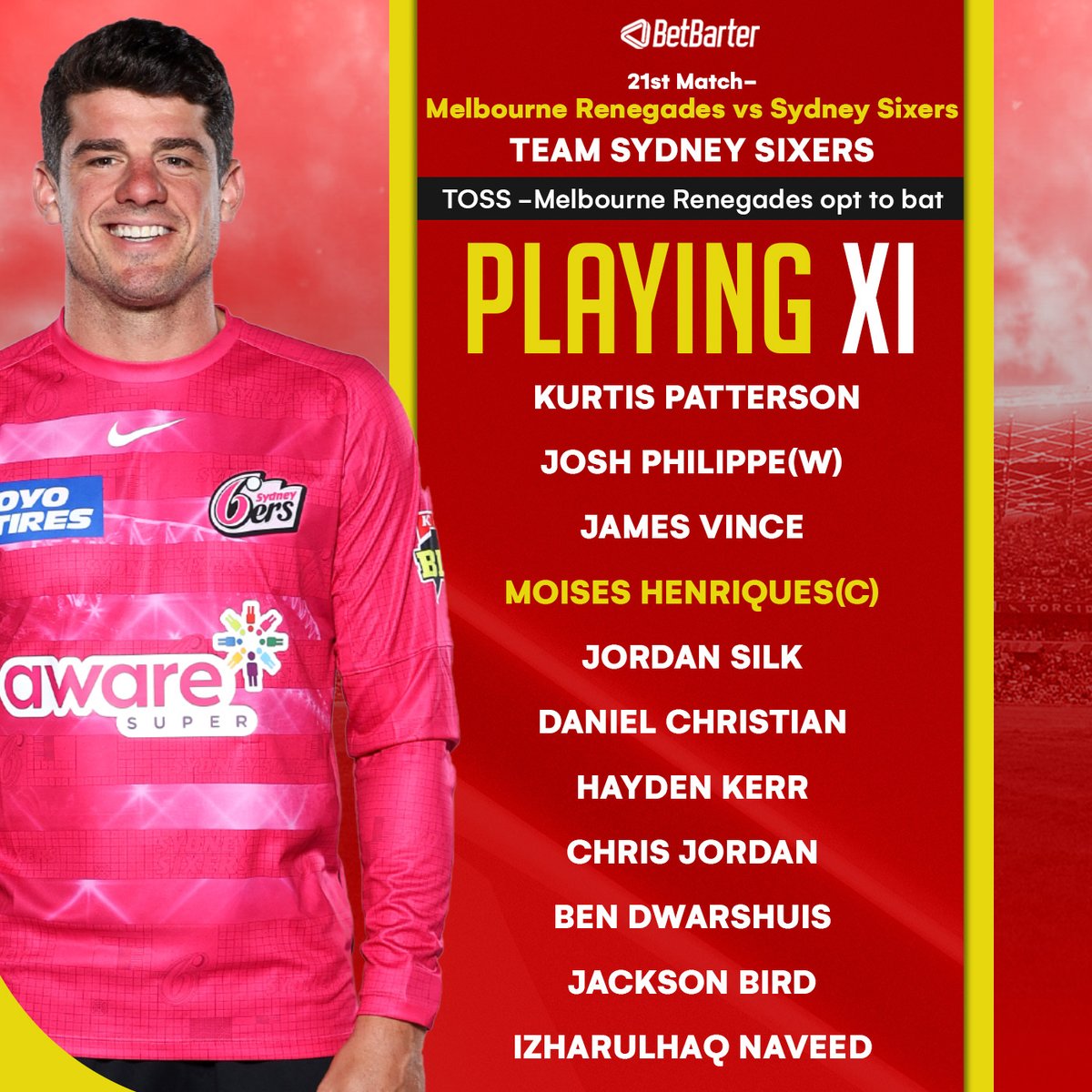 BetBarteronline's tweet photo. The Melbourne Renegades chose to bat first against the Sydney Sixers.
#BBL #BBL12 #BigBashLeague #SydneySixers #MelbourneRenegades #SSvsMR #T20 https://t.co/9LRfW0o2YY