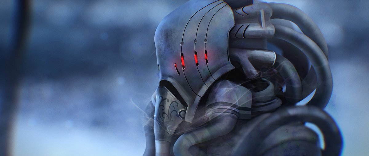 solo red eyes blurry armor helmet glowing blurry background  illustration images