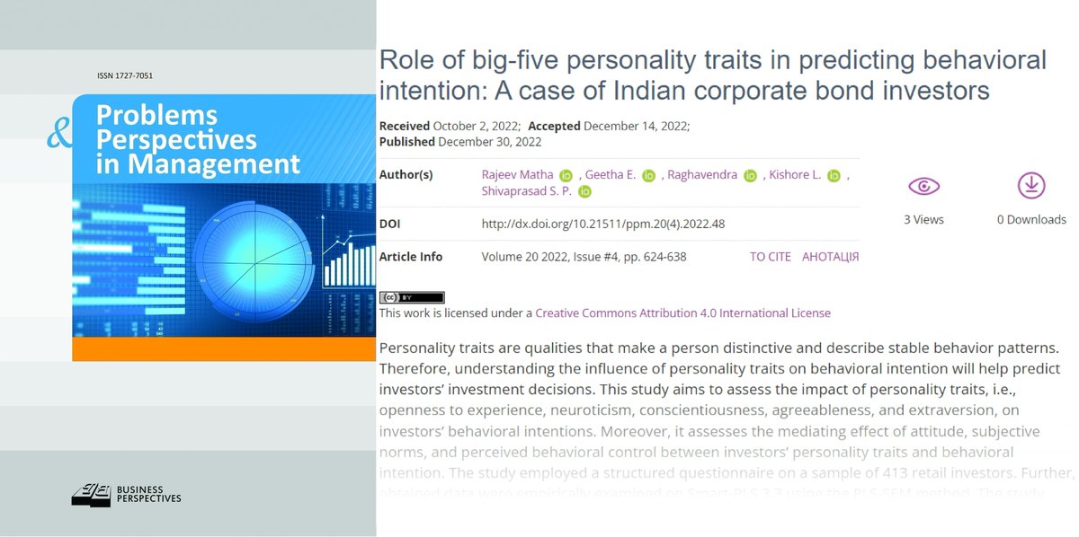 PPM_Journal's tweet photo. 🔗 https://t.co/7Os5ZTzGOI
📘 Role of #bigfivepersonalitytraits in predicting behavioral intention: A case of Indian corporate bond investors
👥 Rajeev Matha, Geetha E., Raghavendra, Kishore L., Shivaprasad S. P.
#corporatebondmarket #investorsintention #PLS_SEM #plannedbehavior https://t.co/HVm2EeNrWy
