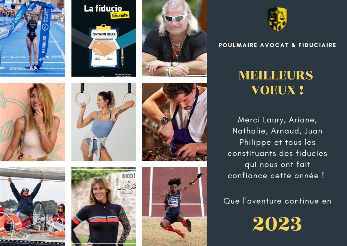 Toute l’équipe de <a href="/Poulmaire_AF/">Poulmaire Gestion Fiduciaire</a>  vous présente ses meilleurs vœux et remercie tous ceux qui nous ont fait confiance en 2022 pour gérer leurs droits et leurs biens en #fiducie. 2023 s’annonce passionnante et nous continuerons d’œuvrer avec enthousiasme. Joyeuses fêtes à tous !