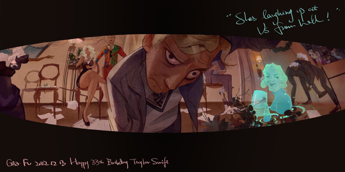HappybirthdayTaylor
I got this idea from anti-hero ‘s MV and the lyrics “she’s laughing up at us from hell!”🍷 
So in this drawing her elderly son is looking for a hidden message in her crypt Taylorghost is holding a wine laugh at them
#taylorswift
#art #digital #illustration