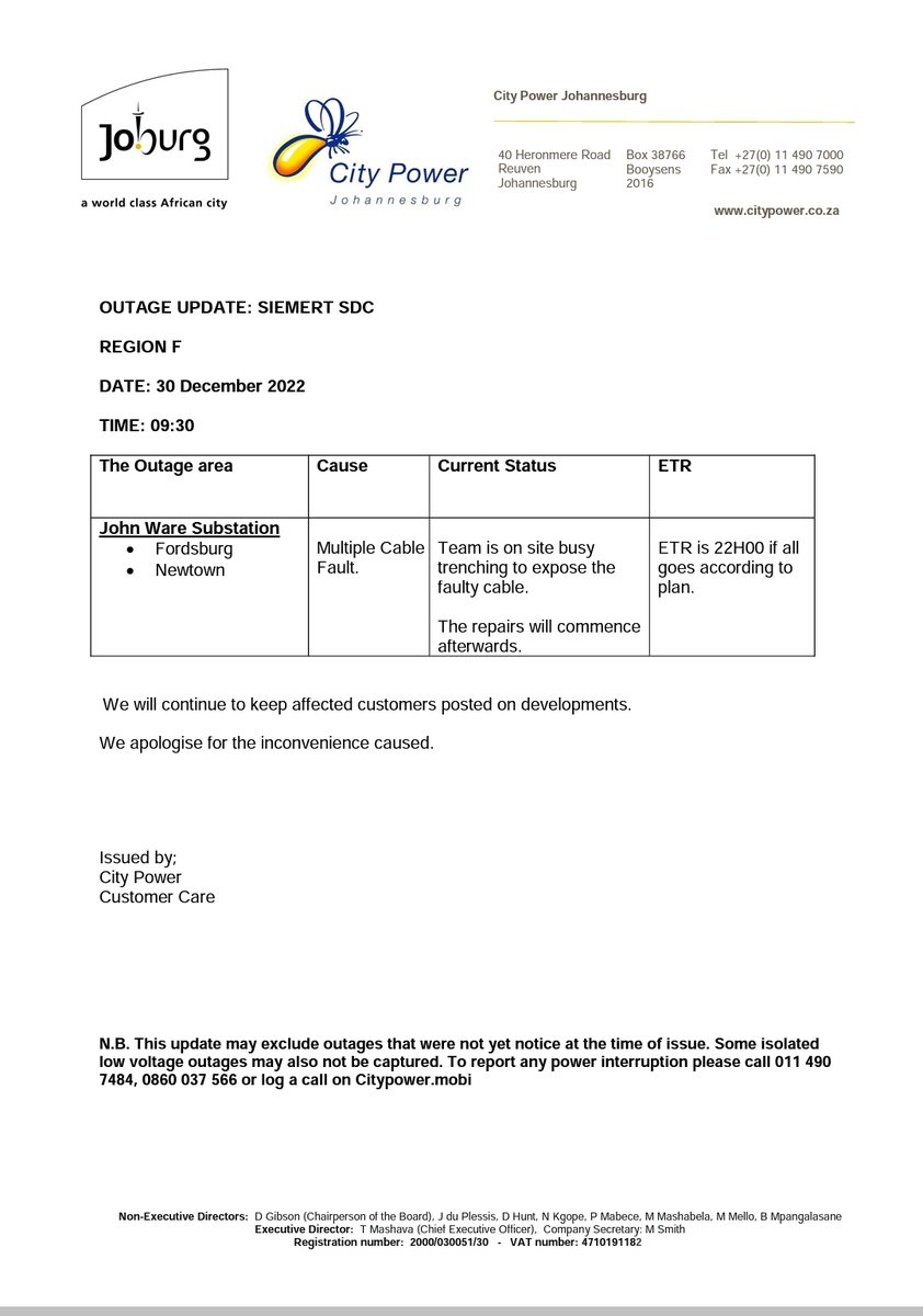 CityPowerJhb's tweet photo. #SiemertOutage #JoburgServices
Please see attached information for latest updates on #JohnWareSubstation. ^MM https://t.co/PkyUxLUgiy