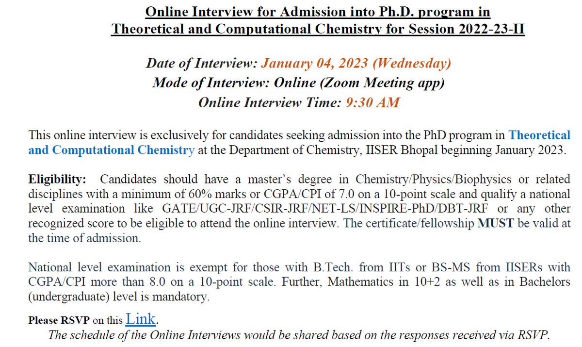 Dept of Chemistry, IISER Bhopal (@chm_iiserb) on Twitter photo Department of Chemistry, IISER Bhopal is conducting online interview on 4th Jan 2023 exclusively for candidates seeking admission into the PhD program in Theoretical and Computational Chemistry.
RSVP: shorturl.at/dI489
<a href="/rkm_iiserb/">Rajesh K Murarka</a> <a href="/Vardha_AITG/">Varadharajan Srinivasan</a> <a href="/RatiSharma/">Rati Sharma</a>
<a href="/iiserbhopal/">IISER Bhopal</a> Department of Chemistry, IISER Bhopal is conducting online interview on 4th Jan 2023 exclusively for candidates seeking admission into the PhD program in Theoretical and Computational Chemistry.
RSVP: shorturl.at/dI489
<a href="/rkm_iiserb/">Rajesh K Murarka</a> <a href="/Vardha_AITG/">Varadharajan Srinivasan</a> <a href="/RatiSharma/">Rati Sharma</a>
<a href="/iiserbhopal/">IISER Bhopal</a>