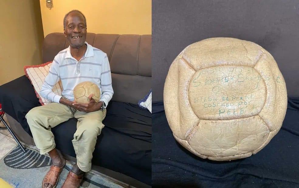 An 81-year-old Brazilian goalkeeper, Sebastiao Lourenco, who saved Pelé's penalty on 12 May 1971, has kept the ball till today. Game was in the Brazilian national championship. 

He is the only goalkeeper alive who saved a penalty kick from Pelé.