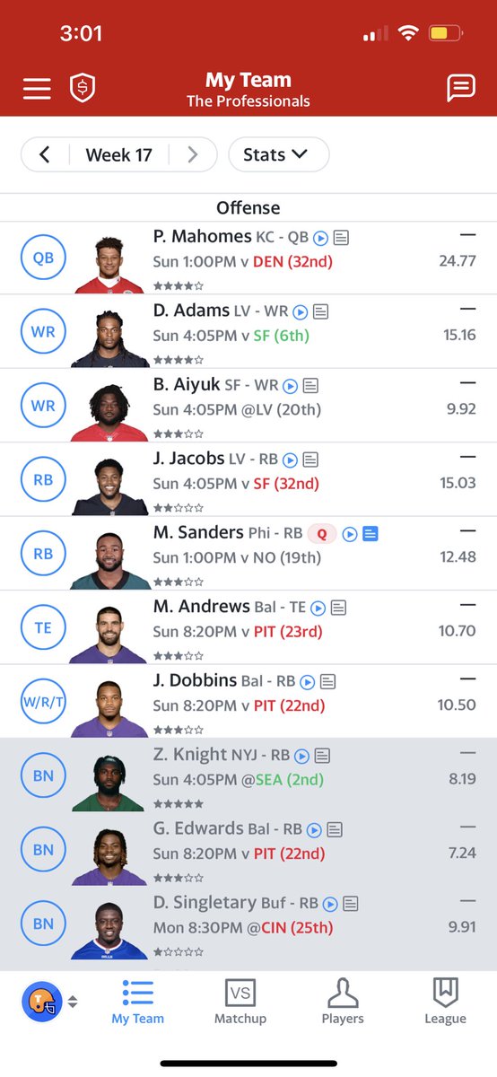 SkulaTom's tweet photo. Set my lineup please! Also can add Chiefs defense! @NFLFantasy @adamrank @MichaelFFlorio @MarcasG #setmylineup https://t.co/C8O3tT6LqJ