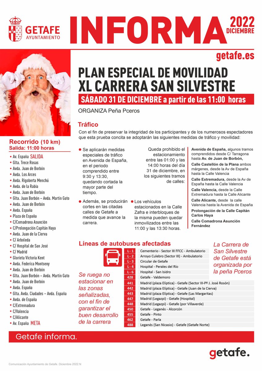 DeporteGetafe's tweet photo. Este es el Plan Especial de Movilidad que se pondrá en marcha con motivo de la 40ª San Silvestre de #Getafe que @PCEROS celebrará mañana desde las 11'00 h. por las calles de nuestra ciudad 🎅🏃🏃♀️🏃🏃♀️
#Deporte #DeporteenGetafe #40SanSilvestreGetafe #GetafeVuela #FlyGetafe https://t.co/2B5lppVARo