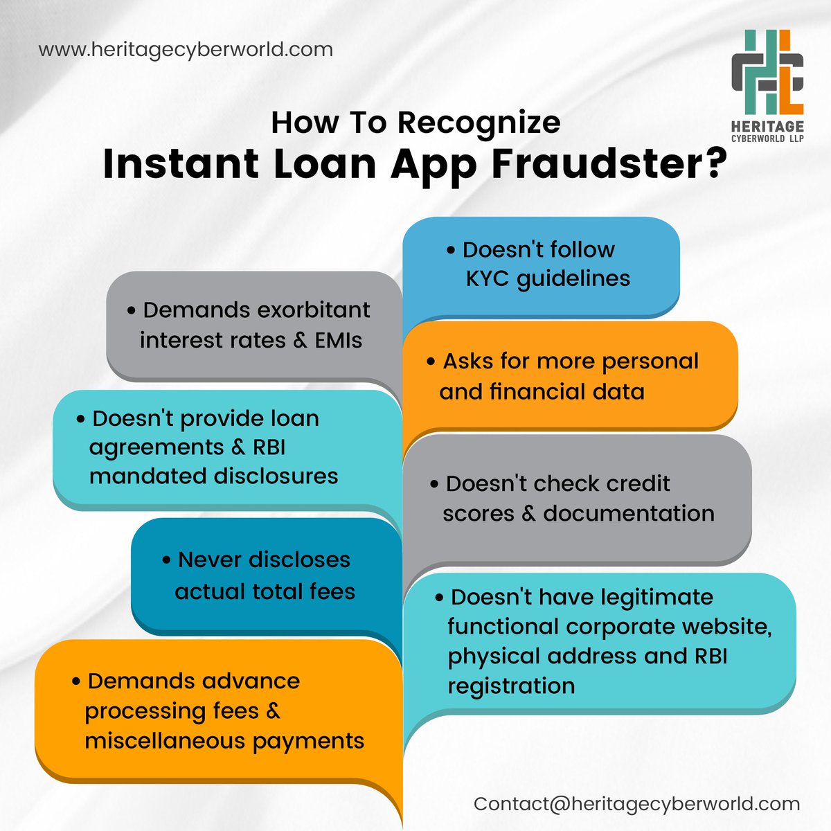 Check out these tips on how to spot an Instant Loan scammer and avoid falling into their trap.

#heritagecyberworld #cyberworld #Cyber #cybernews #fraudster #cybercrime #hacking #SeeYourselfIinCyber #ItsEasyToStaySafeOnline #BeCyberSmart