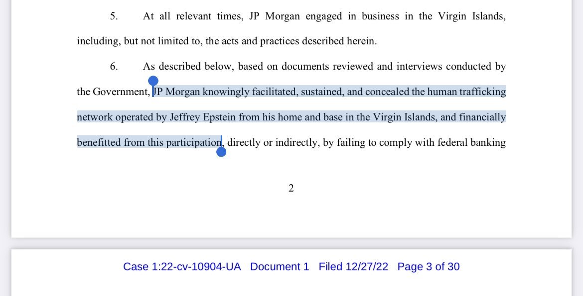 FieldWhistle's tweet image. US Virgin Islands Government Lawsuit “JP Morgan knowingly facilitated, sustained, and concealed” Epstein’s sex trafficking ring &amp;amp;“financially benefitted” from it bit.ly/3G4SON7



#c2cJPMorgan #c2cChildSexTrafficking #c2cEpsteinAssociate #c2cBank