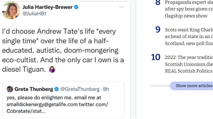 MatthewBertie's tweet photo. So Andrew Tate has been detained on charges of human trafficking, organised crime and more. Remember Julia Hartley-Brewer would chose his life *every single time* over Greta Thunberg. Just let that sink in. https://t.co/AsOrGm3V9t