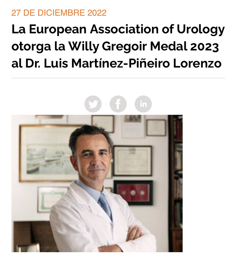 La European Association of Urology <a href="/Uroweb/">European Association of Urology (EAU)</a> otorga la Willy Gregoir Medal 2023 al Dr. Luis Martínez-Piñeiro <a href="/luis_mpineiro/">Luis Mtz-Piñeiro</a> en reconocimiento a su importante contribución al desarrollo de la especialidad urológica en Europa. ¡Enhorabuena! aeu.es/Noticias.aspx?…