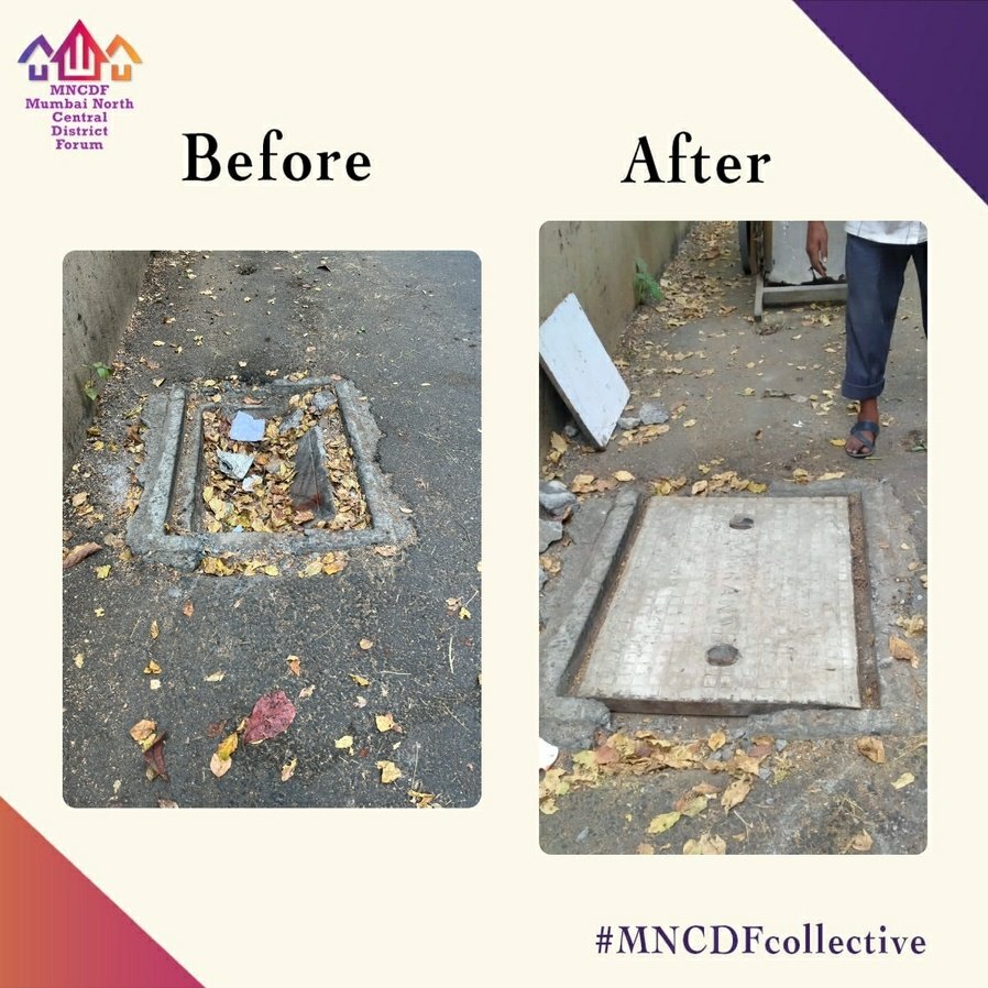 MNCDFbombay's tweet photo. Complaint pertaining to damaged manhole cover endangering citizen lives at outside MIG Cricket Club, Bandra East, was raised by #MNCDFcollective network membr @SadhnaniBhavesh &amp; replaced after our complaint! We welcome the efforts of our team. #CommunityGovernance #CitizenWelfare https://t.co/YbkOxY8EBv