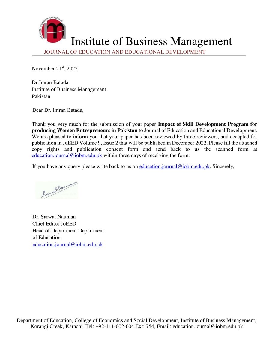 imranbatada's tweet image. Glad to share that one of my papers titled “Impact of Skill Development Program for producing Women Entrepreneurs in Pakistan” has been accepted by the  HEC Recognized Journal.

#training #bbsydp #navvtc #entrepreneurs  #womenempowerment #womeninbusiness #imranbatada