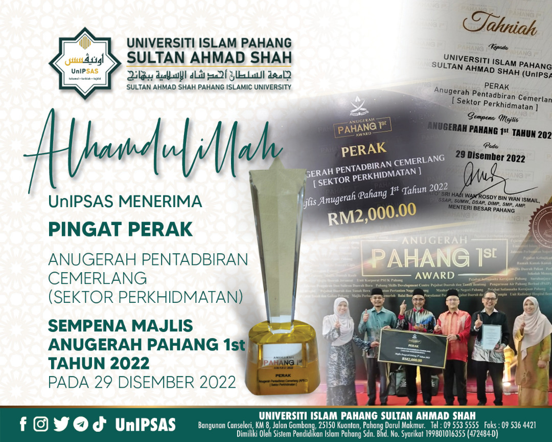 UNIPSASofficial's tweet photo. Alhamdulillah, #UnIPSAS diumumkan pemenang Perak Anugerah Pentadbiran Cemerlang (Sektor Perkhidmatan) Sempena Majlis Anugerah Pahang 1st Tahun 2022. https://t.co/m5DboBtFQF