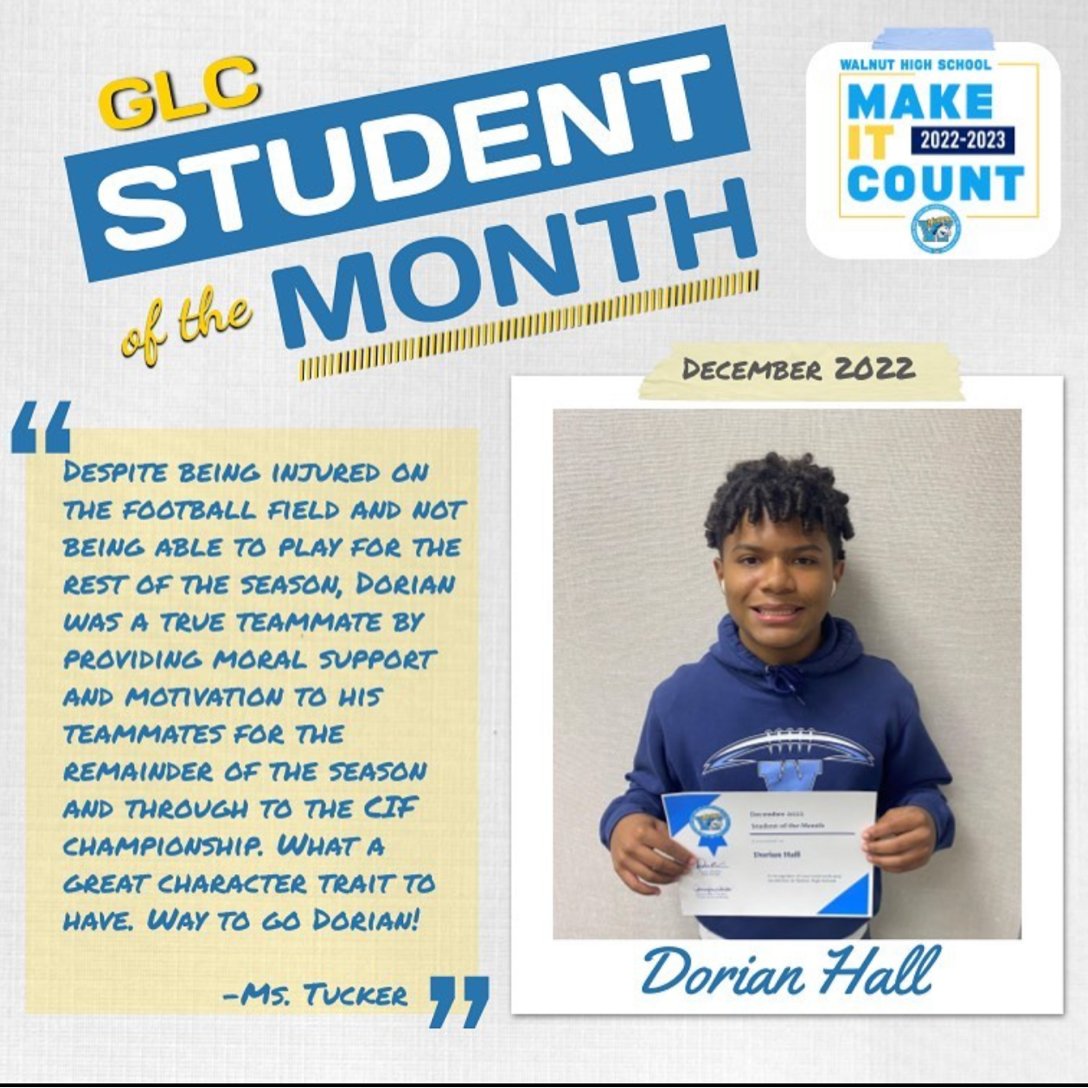 Walnut_Football's tweet photo. Our own @DorianHall_21 Student of the Month https://t.co/UL9EOAZdJo