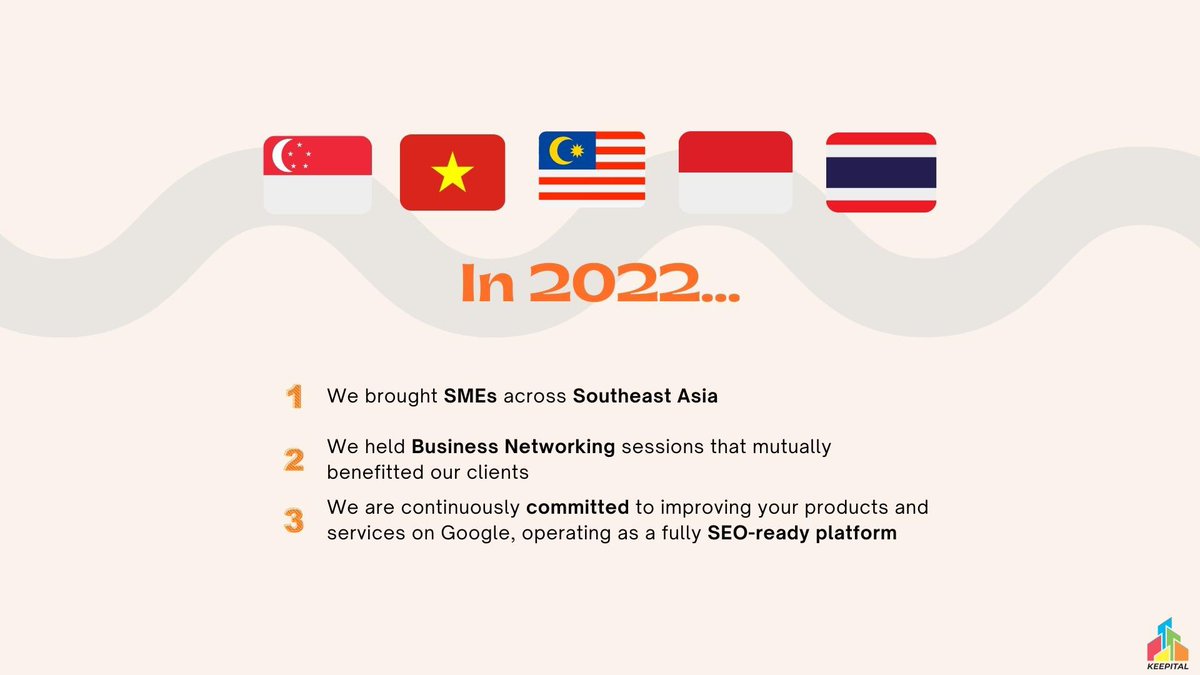 KeepitalB2B's tweet photo. A thread (Part 1)

#ICYMI

In 2022...
✅ We brought SMEs across Southeast Asia
✅ We held Business Networking sessions that mutually
benefitted our clients
✅ We are continuously committed to improving your products and services on Google, operating as a fully SEO-ready platform https://t.co/bX8E9RDlzy