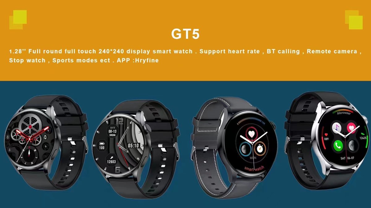 GT5 
1.28”240*240 full round full touch display 
Support BT calling &amp; heart rate &amp; NFC etc 
Hryfine App