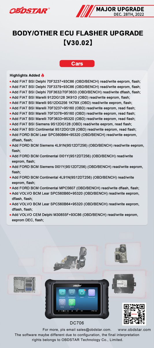 ObdstarTec's tweet photo. #OBDSTAR #Car #Motorcycle #ECUClone #DC706
TCM ECU FLASHER UPGRADE【V30.01】
BODY OTHER ECU FLASHER UPGRADE【V30.02】

#MotorcycleECUprogramming #AutoECUclone #ECUprogrammer https://t.co/8gTsE0k6hu