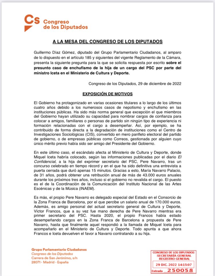 CiudadanosCs's tweet photo. Iceta contrata a la hija de un alto cargo del PSC tras una entrevista de 15 minutos.

Hemos registrado una pregunta para que el ministro nos explique cómo es posible que la persona que obtuvo una de las peores calificaciones en la primera prueba, haya obtenido el puesto. https://t.co/DsQb6u2Z2I