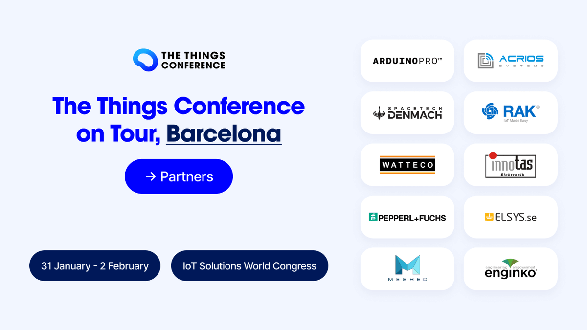 thethingsntwrk's tweet photo. Join #TheThingsConference on Tour in #Barcelona! 

Attend @IOTSWC on 31 January - 2 February and get your hands on the best #LoRaWAN devices from @RAKwireless, Meshed, @denmach_space and others, and attend a unique event on 31 January - more information: https://t.co/91YVSVWDU5 https://t.co/uNcRWOXd7b