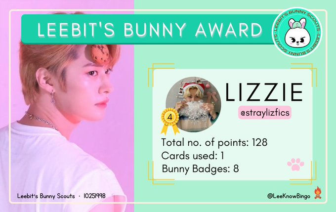 LeeknowBingo's tweet photo. Congratulations Bunny Scout!
Leebit proudly presents the following Bunny Award to 
@straylizfics in recognition of Lizzie's achievement of garnering a total score greater than 100 during the 1st Round of Leeknow Bingo! Thank you so much for your participation. We are very proud! https://t.co/LkUCJLxFgY
