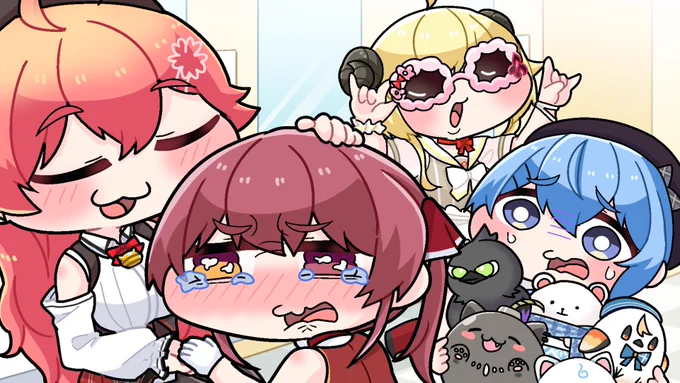 ヘラってしまい、よちよちされるマリン船長#マリンのお宝#miko_Art#ほしまちぎゃらりー#つのまきあーと 