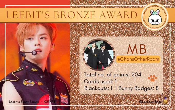 LeeknowBingo's tweet photo. Congratulations, Bunny Scout!
Leebit presents the Bronze Award to @ChansOtherRoom for their outstanding participation during the 1st Round of Leeknow Bingo. With your endless talent and effort, you have gained an amazing number of points! Thank you so much for your participation! https://t.co/wXfl8kstJG