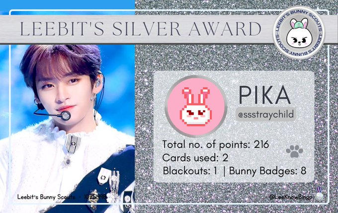 LeeknowBingo's tweet photo. Congratulations, Bunny Scout!
Leebit presents the Silver Award to @ssstraychild for their outstanding participation during the 1st Round of Leeknow Bingo. With your endless talent and effort, you have gained an amazing number of points! Thank you so much for your participation! https://t.co/PMchdriCnz