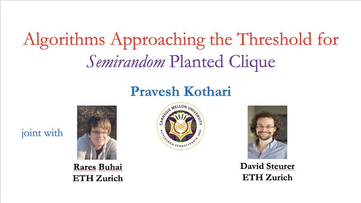 I've some exciting news! Like much of my recent work, also inspired by Uri Feige's conjectures. With Rares Buhai &amp; David Steurer (during a beautiful Zurich summer), we found new algos for semirandom planted clique at thresholds approaching "usual" PC. arxiv.org/abs/2212.05619