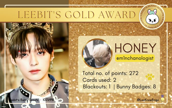 LeeknowBingo's tweet photo. Congratulations, Bunny Scout!
Leebit presents the Golden Award to @m1nchanologist for their outstanding participation during the 1st Round of Leeknow Bingo. With your endless talent and effort, you have gained an amazing number of points! Thank you so much for your participation! https://t.co/q4fDDPIIqH