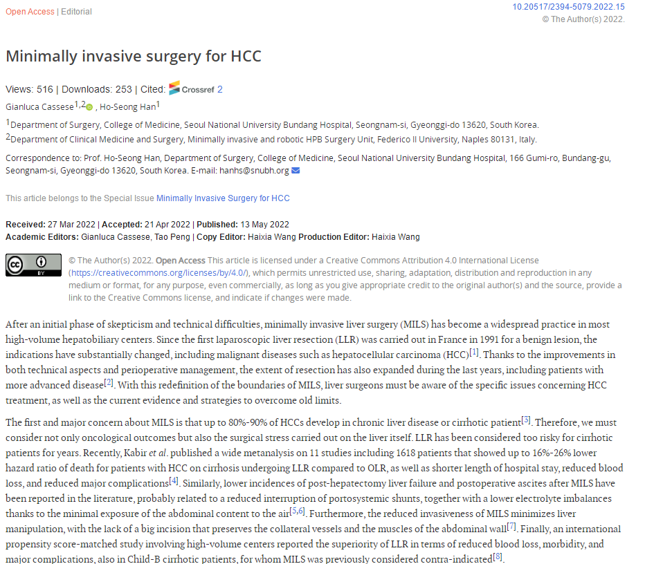 HepatomaRes's tweet photo. #MedEd #MedTwitter #GITwitter #HCCTwitter
🔥Prof. Ho-Seong Han's #Special #Issue has been completed successfully!
🤝Welcome to read the #Editorial from the project!👇
Title: #Minimally #invasive #surgery for #HCC
PDF for free: https://t.co/Q45hpgXFf4
@for_surgery @UMNSurgery https://t.co/ETV7rcDDyI