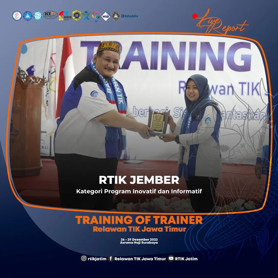 rtikjember's tweet image. RTIK Jember mendapatakan penghargaan Kategori Program Inovatif dan Informatif dalam RELAWAN TIK JATIM AWARD 2022.

#rtikjember #rtikjatim #banggajadirelawantik #tot