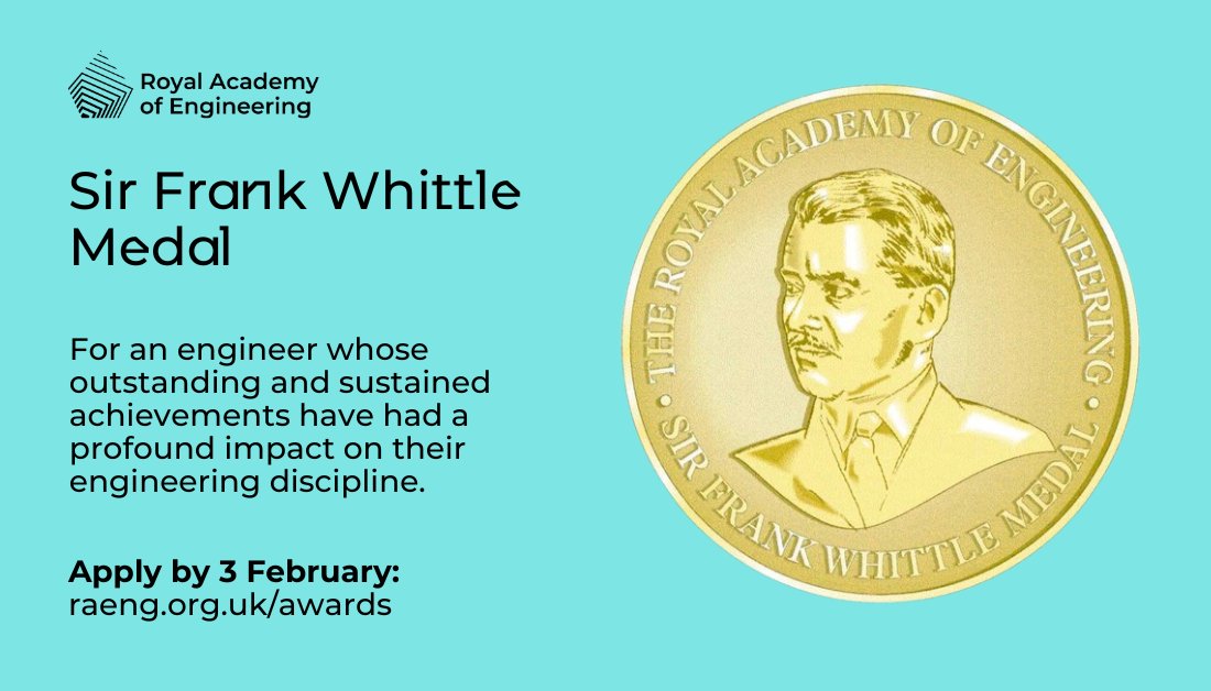 Our Sir Frank Whittle Medal is awarded to an engineer resident in the UK whose outstanding and sustained achievements have had a profound impact on their engineering discipline. Know an engineer worth celebrating? Nominate them today: raeng.org.uk/awards #RAEngAwards