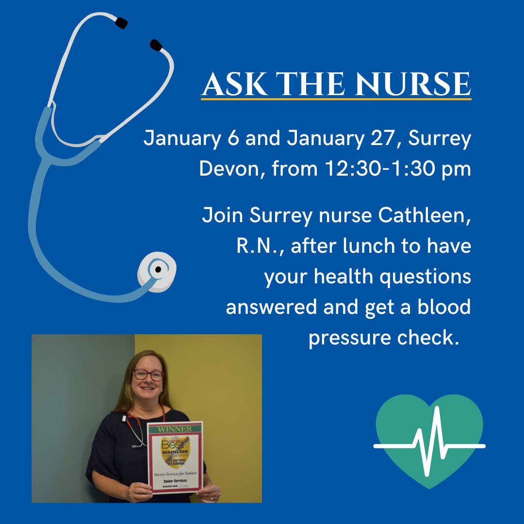 Do you have questions? We have someone who knows the answers.🤔💡 Meet Surrey nurse Cathleen, R.N., after lunch at Surrey Devon on the first and fourth Friday of January from 12:30-1:30 pm. 
#SurreyServices #AsktheNurse