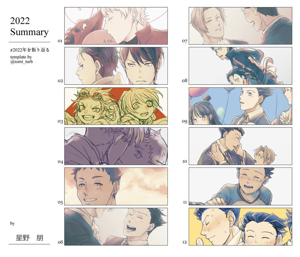 #2022年を振り返る
テンプレートお借りしますた。二種類何方も選べなくて欲張った結果です。

今年は描く量が前よりかは少なめでしたわ……来年はもっと好きなこと出来たら、いいなあ 