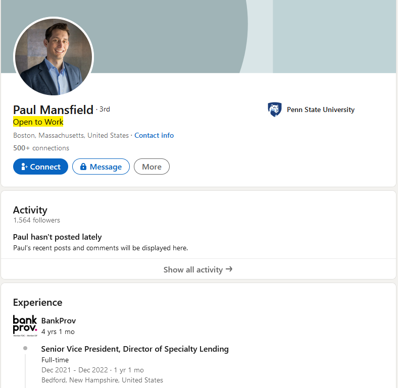 NingiResearch's tweet photo. After $PVBC's CEO David Mansfield resigned, Paul Mansfield, the head of #Bankprov's Crypto Lending, is also "open to work"...but should change his LinkedIn short URL soon...anyway the Q3 report is still not filed...3 months after closing the quarter... https://t.co/XqS3zbQJL3