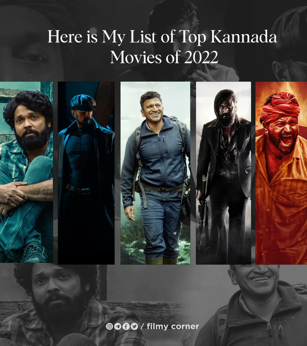 Here is my List of Top Kannada Movies of 2022 .

 #Kantara
 #KGFChapter2 
#777Charlie 
#VikrantRona
 #gandhadagudi
 #GuruShishyaru  
 #Gaalipata2
 #SakutumbaSametha #dharanimandalamadhyadolage   #ThurthuNirgamana  

Tell us your Favourite ToP 10 ?