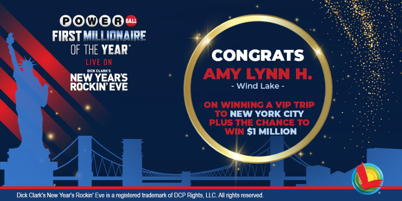 wilottery's tweet photo. For Amy Lynn H. of #WindLake, Dec. 31 can't get here fast enough.
The Wisconsin Powerball VIP Trip Drawing winner will travel to NYC this weekend for a chance to win $1 Million - announced during the broadcast of Dick Clark's New Year's Rockin' Eve.
https://t.co/j4xo3hfqIt https://t.co/Z51Wu9ZTbE