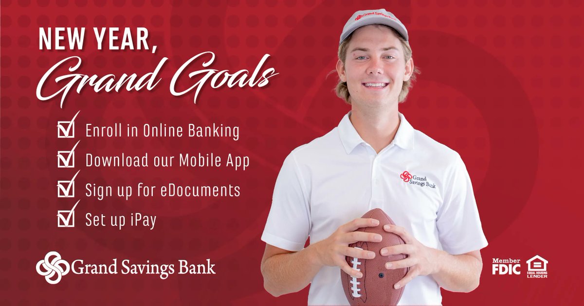 GrandSavBank's tweet photo. Start the new year off right with these GRAND goals! 
✅ Enroll in online banking
✅ Download our Mobile App
✅ Sign up for eDocuments
✅ Set up iPay 
Learn more on our website: https://t.co/tpFeKi2DoZ 
#communitybank #nwark #neok https://t.co/OCl3bmLxTV