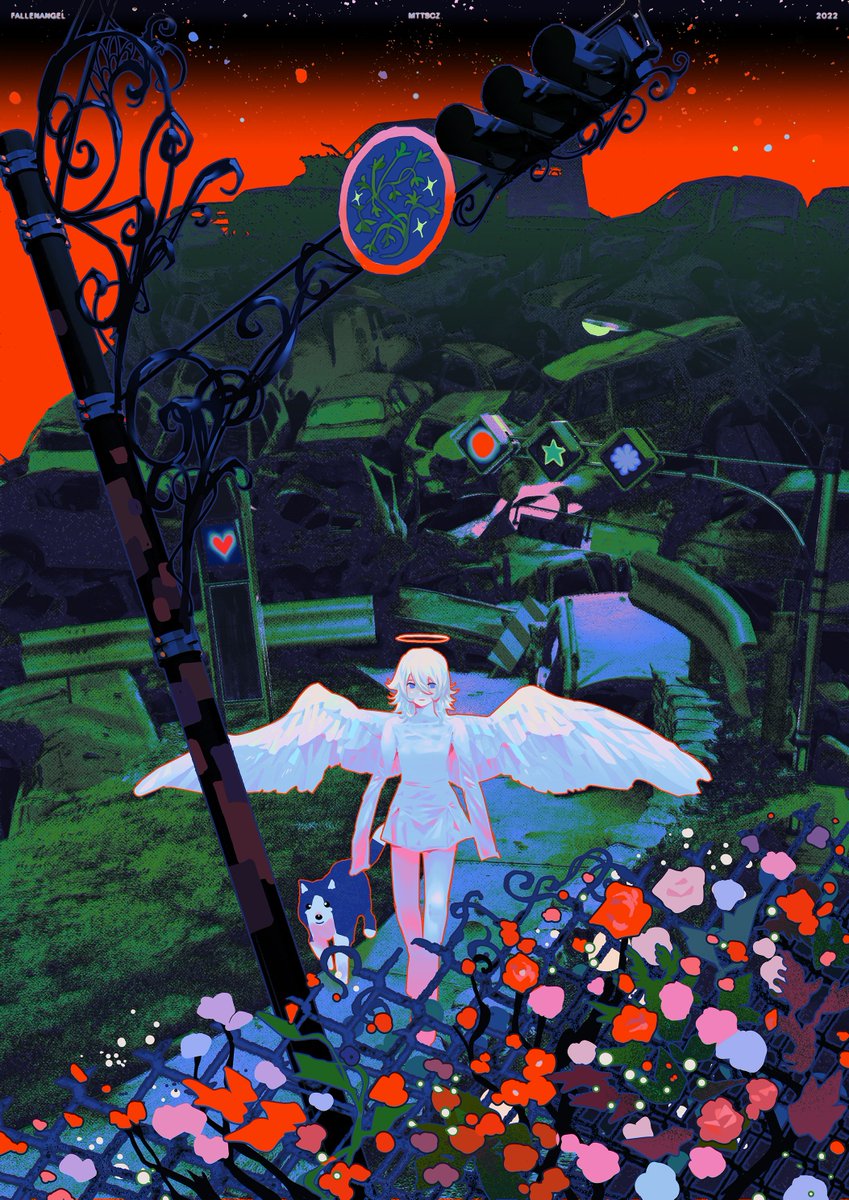 halo 1girl wings white hair angel star (sky) flower  illustration images