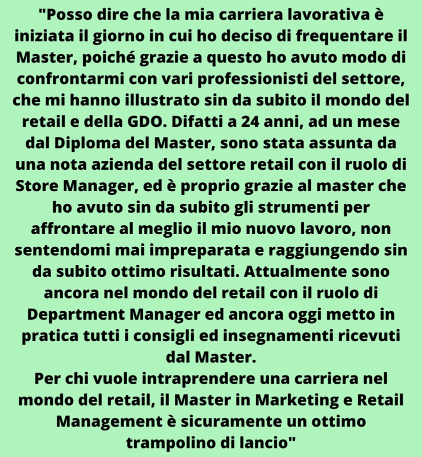 marklab2015's tweet photo. Il percorso formativo e professionale di Greta Palone, un'ex studentessa del Master in Marketing &amp; Retail Management nel 2017 👉

Per maggiori informazioni consulta il bando 👉
https://t.co/NN3jLA42Zk

#unicas #comunicas #master #marketing #retail https://t.co/UtUD325oJc