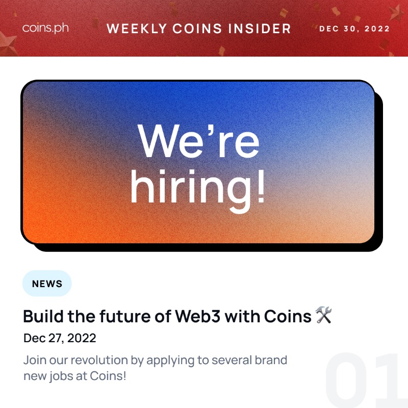 coinsph's tweet photo. Before the year ends, lets recap what went down at Coins for the last week of 2022!

🛠 Build the future of Web 3 with Coins
🏆 Be a Coins Champion today
🏇🏽 Play &amp; Earn with @metaderby
🎮 @AmbrusStudio Giveaway
🥳 Bagong Papremyo with @WesternUnion
