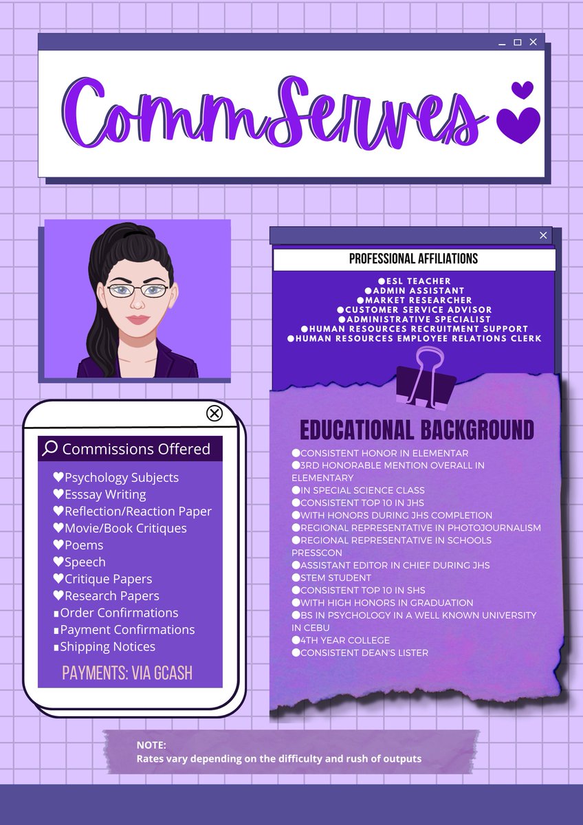 CommServesPH's tweet image. Greetings! This is CommServes I am now open for:
✦Acad Comms
-Psychology Subjects, Essays, Speech, Research, Case Studies

✦Serving your school needs✦
✉DM to inquire.