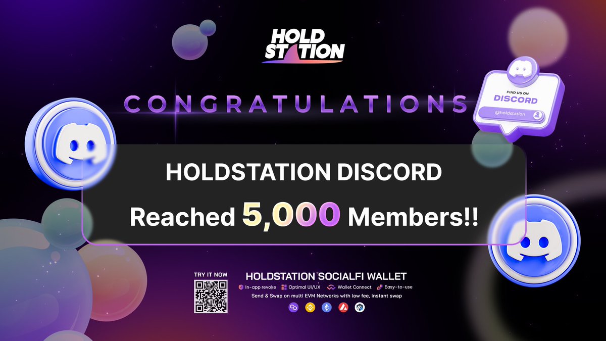HoldstationW's tweet photo. Holdstation SocialFi Wallet #Discord channel has hit 5000 members!🎉 

Thank you for the love, sailors! Together, we are building a stronger community everyday.💜🦈

👉 https://t.co/Rq3vAWrffS

Claim your role for rewards on our @Crew3xyz 🌈: https://t.co/jOXvDPsxZJ

#HOLDSTATION https://t.co/1kr9xmo0O7