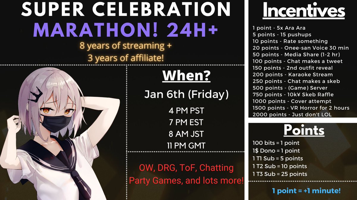 VZalozz's tweet photo. 🎊  8 YEARS OF STREAMING 🎊

Oh boy it's been 8 years...

So I'll celebrate by doing a 24-hour stream >~>

⏳Jan 6th - 4pm PST/ 8 AM JST / 11 PM GMT

➡️https://t.co/tSoa8Vh9WB

#VTuberUprising #Vtuber https://t.co/hc3PztWxN6