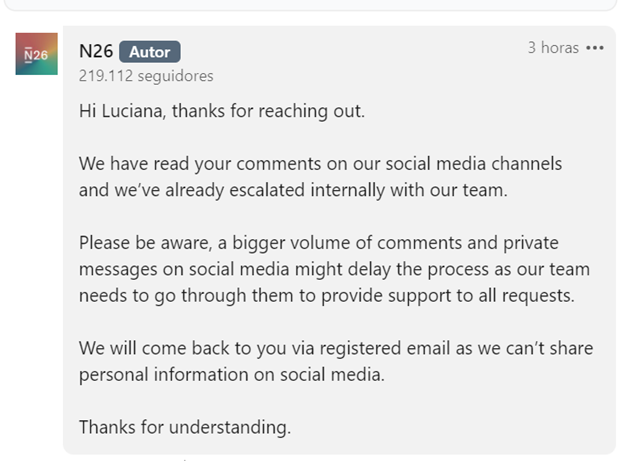 @N26_Support @N26ES  is now threatening me not to revise my case/ delay the revision if i post on social media. Is that normal? this is completely insane #n26jamaisàdécouvert