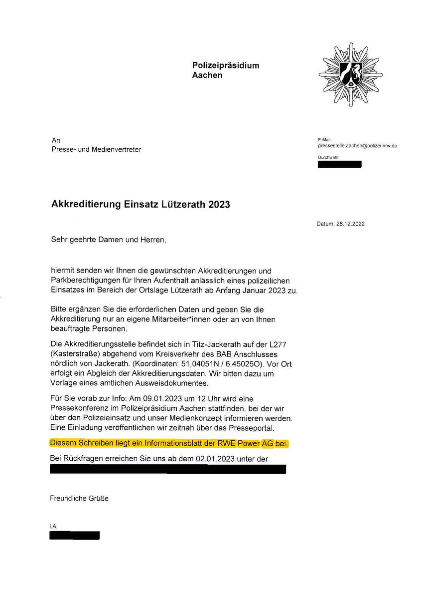 Ti_Wag's tweet photo. Zur journalistischen Akkreditierung bei der Räumung von #Lützerath verschickt die @Polizei_NRW_AC ein "Informationsschreiben" von RWE. Darin wird der journalistische Zugang zum Gnadenakt von RWE, den der Konzern jederzeit widerrufen kann. @djuverdi @DJVde @ReporterOG https://t.co/hWaouINUxD