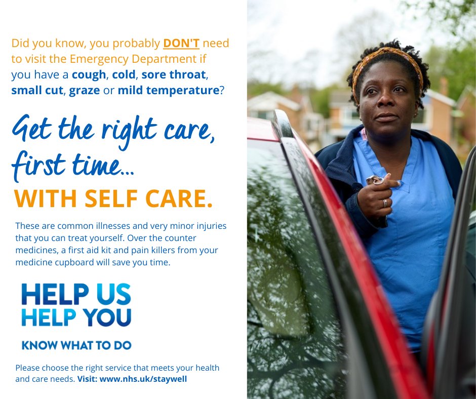 ⚠️The NHS in Derby and Derbyshire is really busy.

You probably don't need to visit the Emergency Department if you have a:
😷cough
😓cold
☹️sore throat 
🩹small cut or graze
🤒a mild temperature

These are common illnesses you can often treat yourself. 

nhs.uk