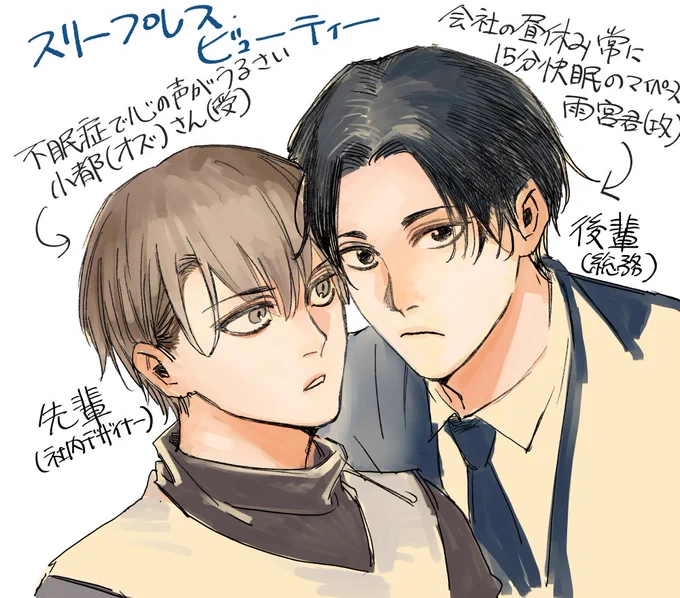 GUSHさんで連載中のお話です。現在二話までいっておりますがまだこっちで人物紹介書いてなかったので。
この二人が添い寝をとおして仲良くなるお話です。私はできてないのに一緒に眠るというのが死ぬほど好きです。 